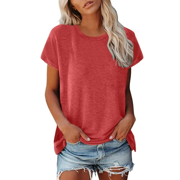 Womens Basic Blouses Crew Neck Solid Color Short Sleeve Loose Fit Tops 2025 Summer Trendy Casual T-Shirts