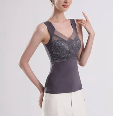 Womens Basic Camisole Thermal Underwear Winter V Neck Self-Heating Lace Warm And Seamless Fleece Bottoming Cold-Proof Dark Gray M