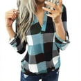 thumbnail image 1 of Womens Basic Casual V Neck Plaid Print Cotton Cuffed Long Sleeve Work Tops Blouses Shirts, 1 of 5