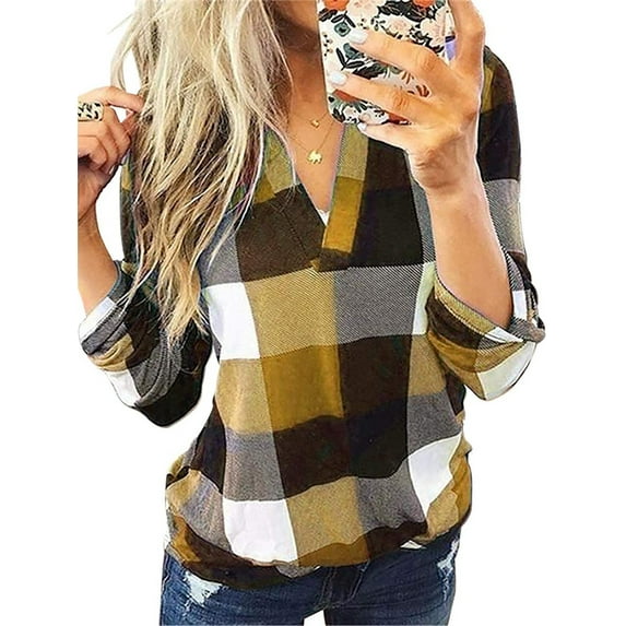 Womens Basic Casual V Neck Plaid Print Cuffed Long Sleeve Work Tops Blouses Shirts Yellow S