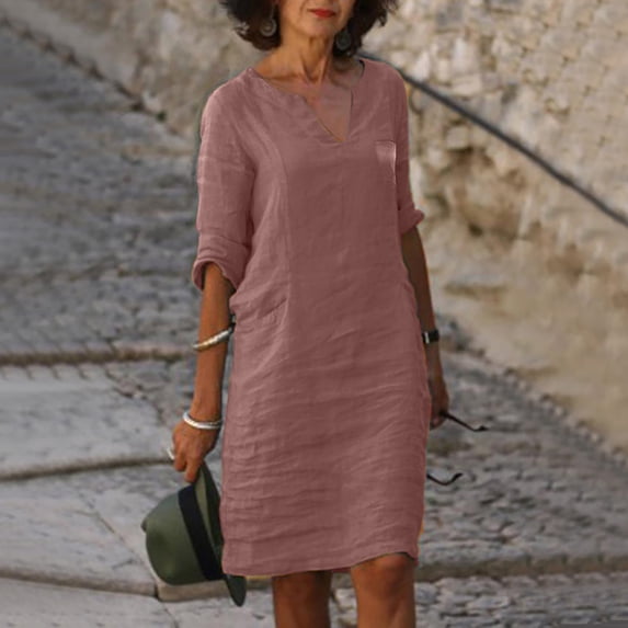 Womens Basic Casual Women's Fashionable And Comfortable V Neck Half Sleeved Cotton And Linen Short Mini Dress