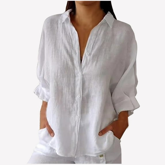 Womens Basic Cotton Button Down Shirt Casual Long Sleeve Loose Fit Collared Linen Work Blouse Tops with Pocket
