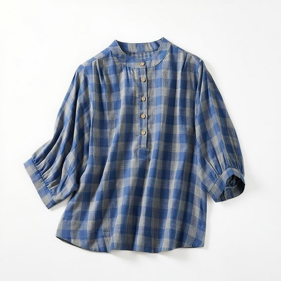 Womens Basic Cotton Linen Plaid Shirts Tops Long Sleeve V-Neck Button Down Blouses Casual Loose Fit Tunic