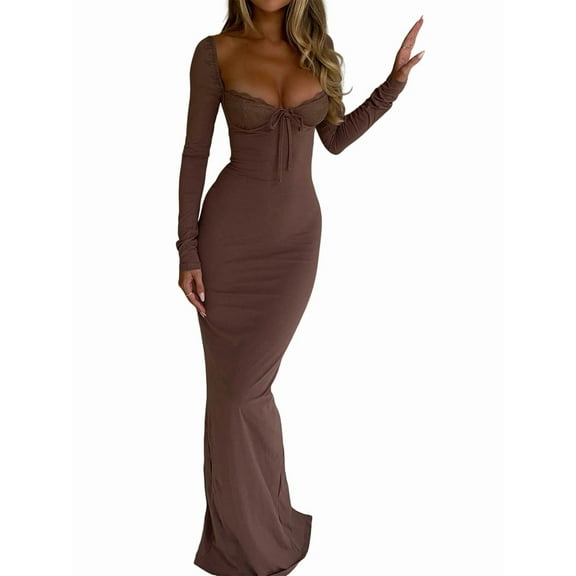 Womens Basic Elegant Square Neck Long Sleeve Fall Casual Maxi Dresses Brown XL