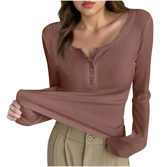 Womens Basic Henley Shirts, Long Sleeve Shirts for Women Fall Casual Ribbed Solid Color Button Up Scoop Neck Dressy Blouses S-XL
