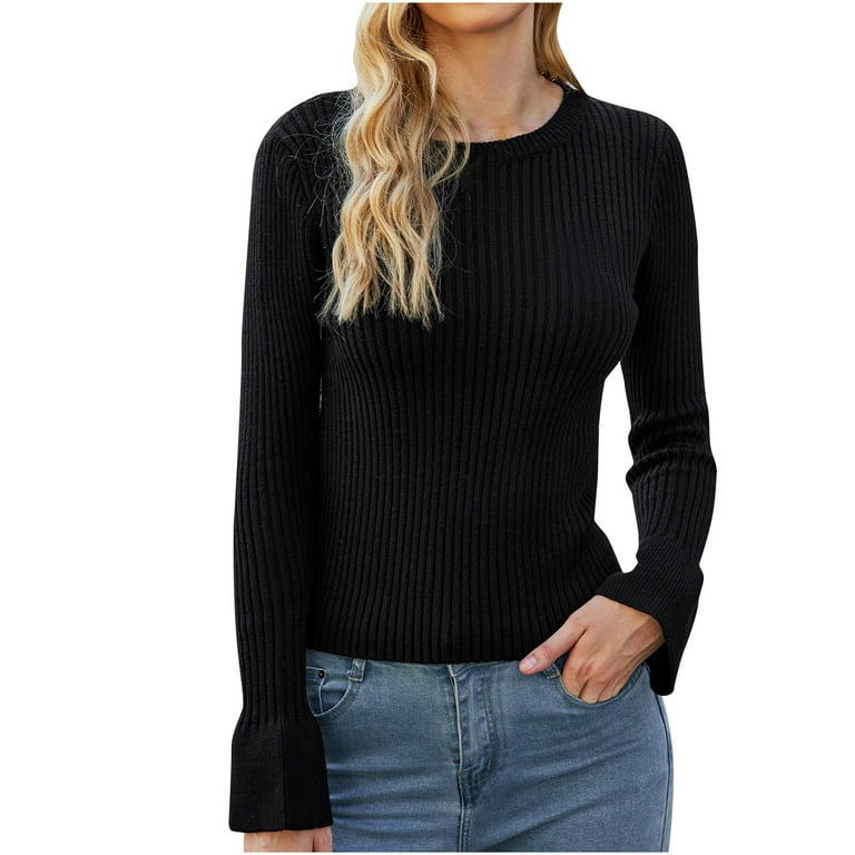Womens Basic Knitting Tops Crew Neck Long Sleeve Solid Color Slim Tight Pullover Sweaters for Women
