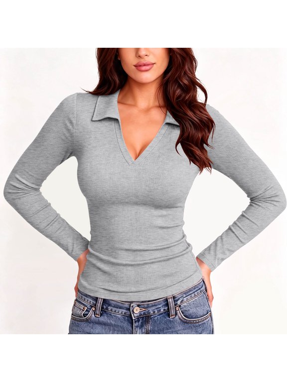 Womens Basic Layer Tops Collared V Neck Long Sleeve Ribbed Shirts Casual Fall Layering Pullover Tops, Gray, L