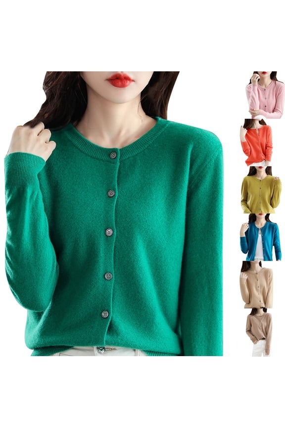 Womens Basic Long Sleeve Crew Neck Button Down Cardigan Comfortable Casual Layering Piece