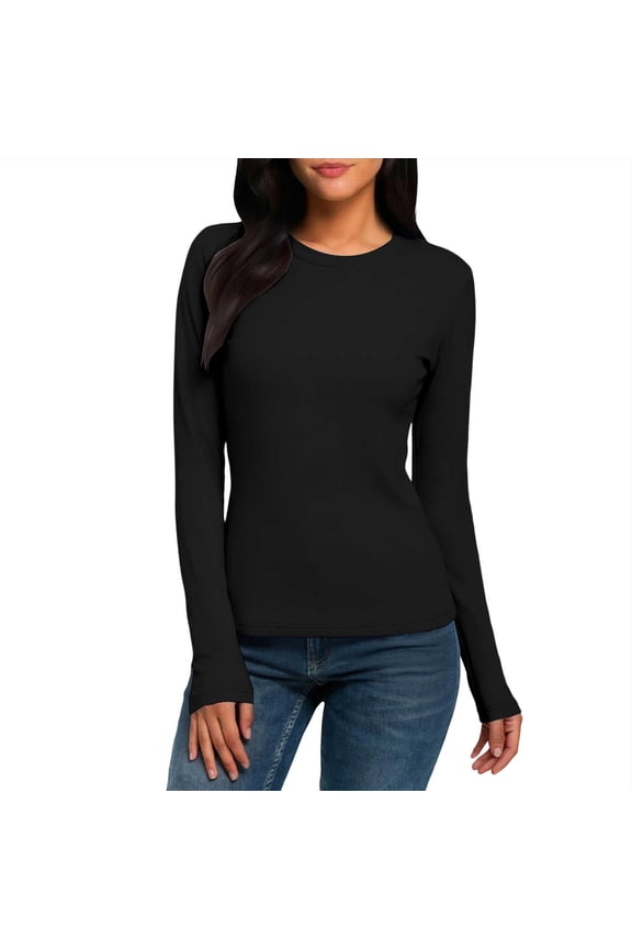 Womens Basic Long Sleeve Crew Neck Comfy Layering Rib Knit Slim Fit Stretch Henley Tees Shirts Top