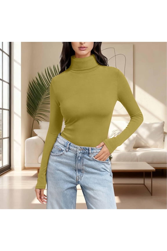 Womens Basic Long Sleeve Shirts High Neck Slim-Fit Fitted T Shirts Tops Lightweight Undershirts Underscrub Baselayer Daily Wear, Gold M