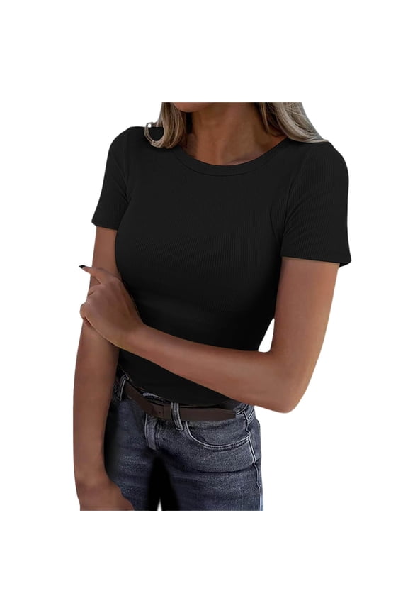 Womens Basic Ribbed T Shirts Summer Short Sleeve Solid Color Round Neck Slim Sexy Tees Crop Fashion Y2K Tops