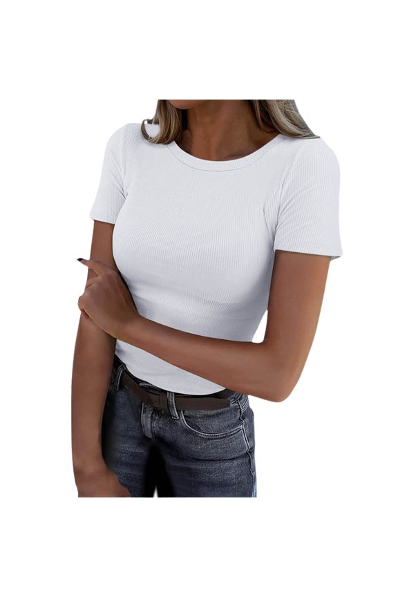 Womens Basic Ribbed T Shirts Summer Short Sleeve Solid Color Round Neck Slim Sexy Tees Crop Fashion Y2K Tops