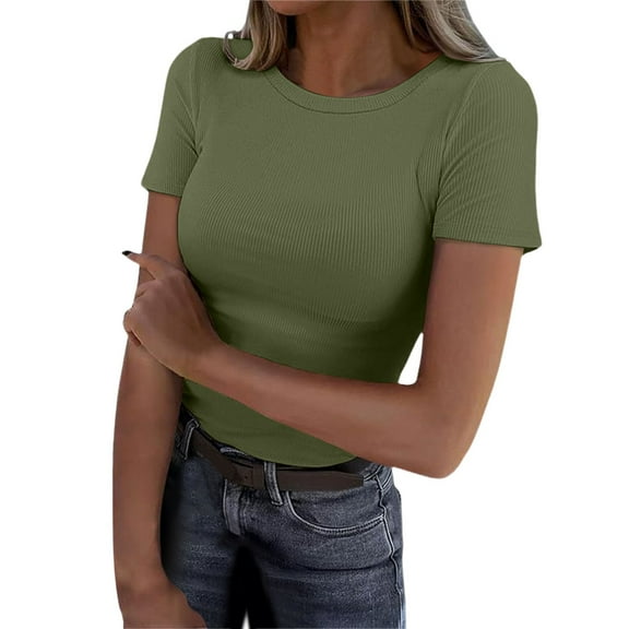 Womens Basic Ribbed T Shirts Summer Short Sleeve Solid Color Round Neck Slim Sexy Tees Crop Fashion Y2K Tops