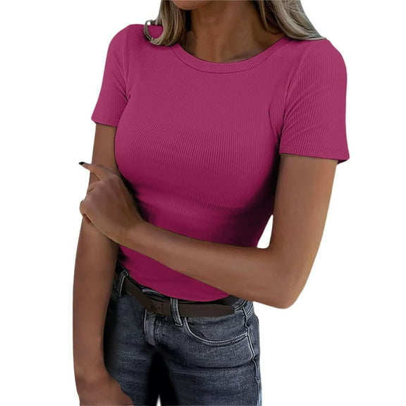 Womens Basic Ribbed T Shirts Summer Short Sleeve Solid Color Round Neck Slim Sexy Tees Crop Fashion Y2K Tops