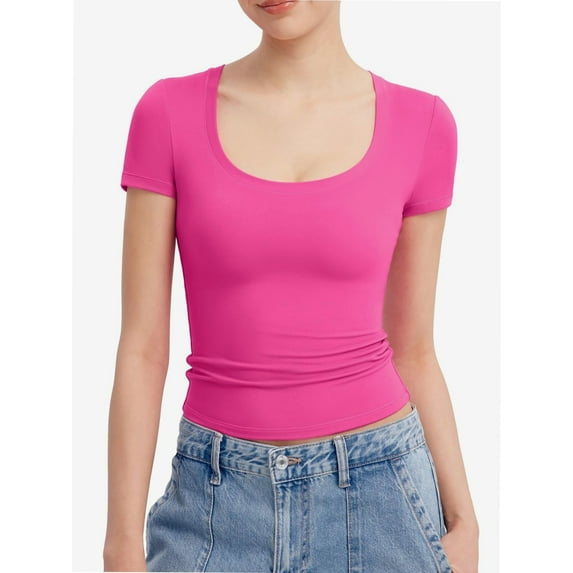 Womens Basic Scoop Neck Short Sleeve T Shirt Slim Fit Tee Summer Going Out Crop Tops Tight Sexy Shirts