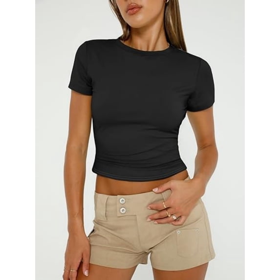 Womens Basic Short Sleeve Slim Fit T Shirts Soft Crewneck Crop Tee Summer Cute Gym Fashion Clothes
