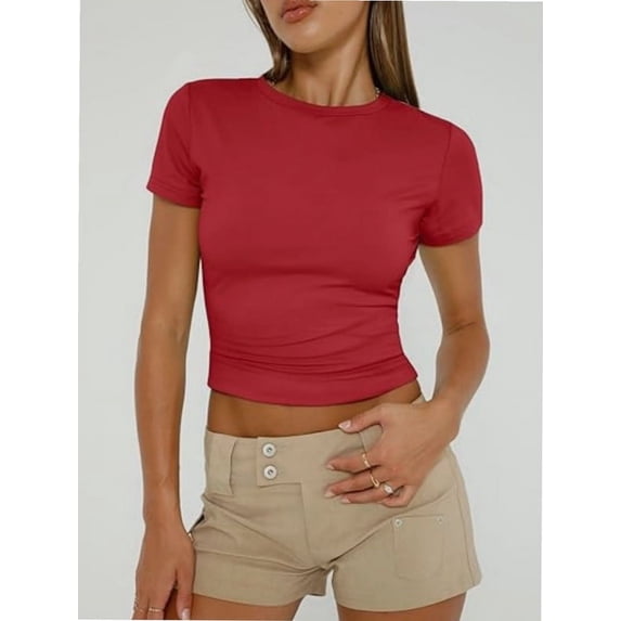 Womens Basic Short Sleeve Slim Fit T Shirts Soft Crewneck Crop Tee Summer Cute Gym Fashion Clothes