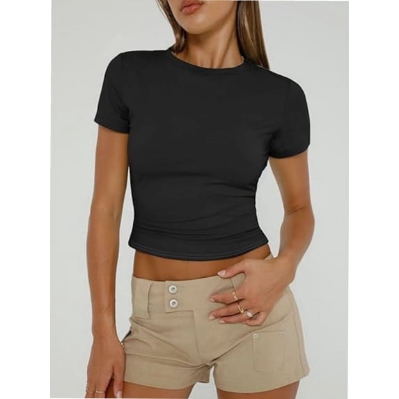 Womens Basic Short Sleeve Slim Fit T Shirts Soft Crewneck Crop Tee Summer Cute Gym Fashion Clothes
