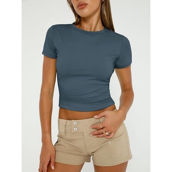 Womens Basic Short Sleeve Slim Fit T Shirts Soft Crewneck Crop Tee Summer Cute Gym Fashion Clothes