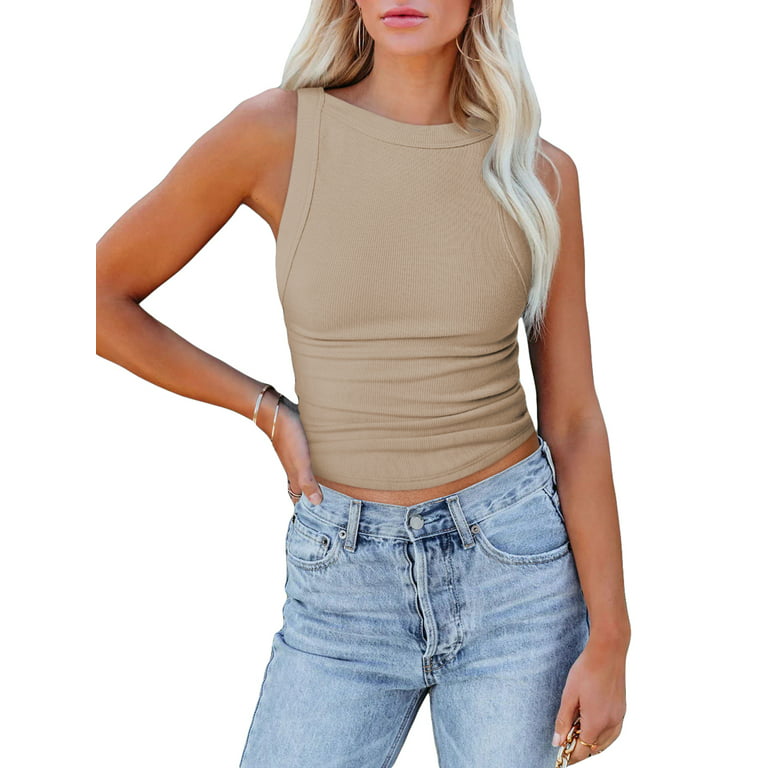 Womens Basic Sleeveless Racerback Crop Tank Top Rib-Knit Solid Color Fitted  Trendy Tank Top for Teen Girls 