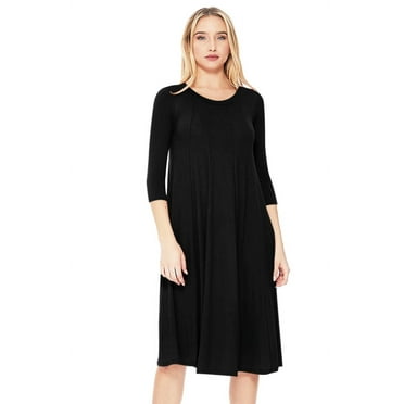 Womens Basic Solid Round Neck 3/4 Sleeves A-line Casual Midi Maxi Dress Made in USA