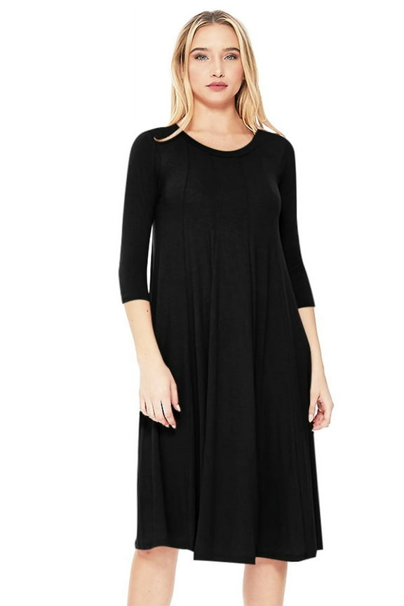 Womens Basic Solid Round Neck 3/4 Sleeves A-line Casual Midi Maxi Dress Made in USA