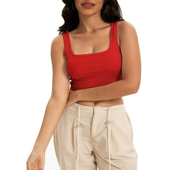 Womens Basic Square Neck Sleeveless Crop Tops Cute Double Layer Seamless Slim Fit Tank Tops