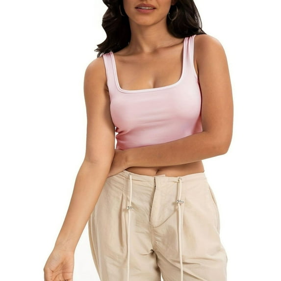 Womens Basic Square Neck Sleeveless Crop Tops Cute Double Layer Seamless Slim Fit Tank Tops