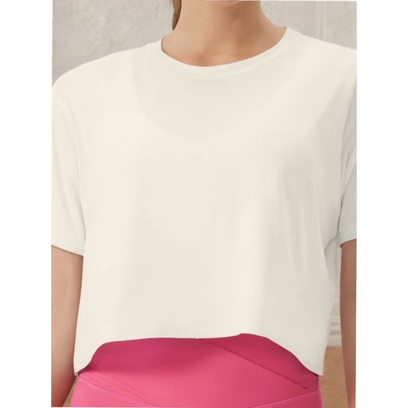 Womens Basic Summer Round Neck Crop Tops Loose Short Sleeve Solid Tee Shirt