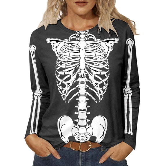 Womens Basic T Shirt Crew Neck Halloween Skeleton Print Long Sleeve Casual Stylish Workout Shirts Tops