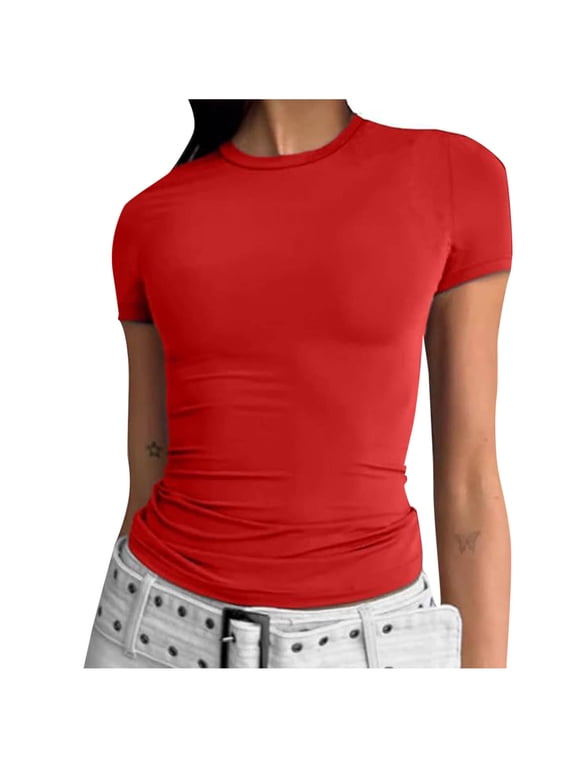 Womens Basic T-Shirt Short Sleeve Crew Neck Tight Tops Y2k Casual Summer Slim Fit Tops
