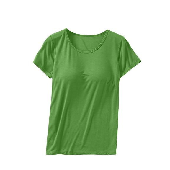 Womens Basic T-Shirts Casual Comfy Short Sleeve Crew Neck Yoga Sports Tees Shirt Workout Tops with Built-in Bra Green 2XL