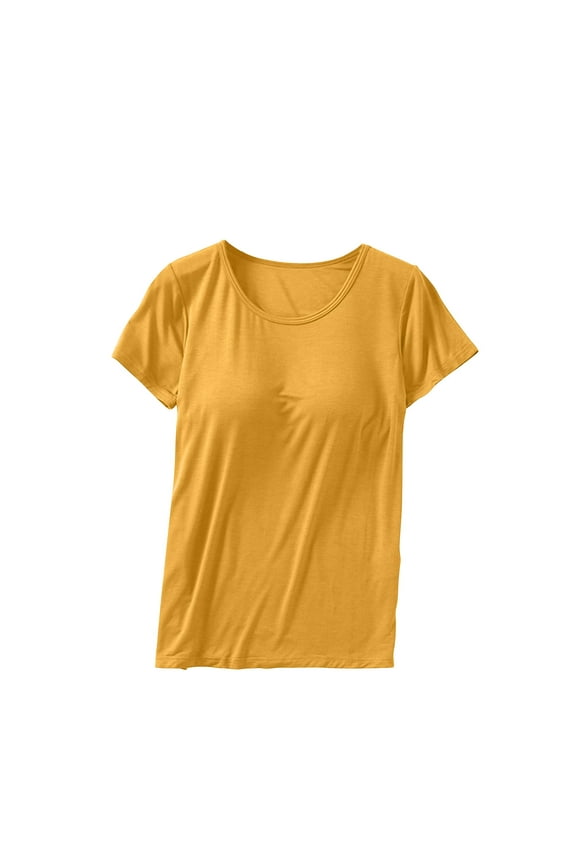 Womens Basic T-Shirts Casual Comfy Short Sleeve Crew Neck Yoga Sports Tees Shirt Workout Tops with Built-in Bra Yellow 2XL