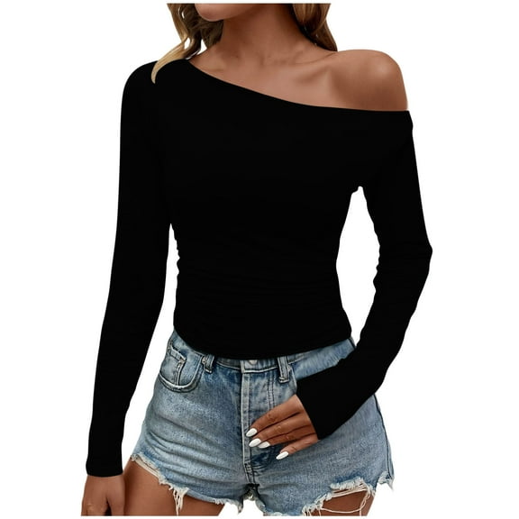 Womens Basic T-Shirts Going Out Tops Tight Slim Fit Cute One Shoulder Long Sleeve Y2k Clothes Fall Fashion Outfits Black L