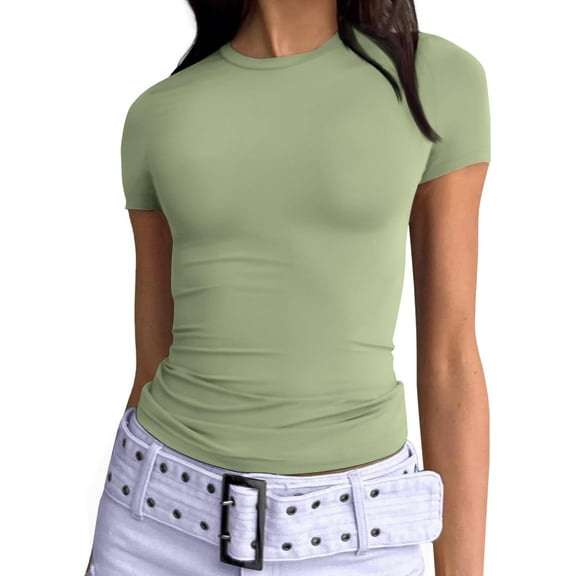 Womens Basic T-Shirts Scoop Neck Short Sleeve Crop Tops Cute Summer Tops Slim Fit Tees Clothing