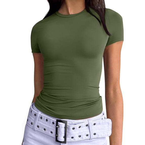 Womens Basic T-Shirts Scoop Neck Short Sleeve Crop Tops Cute Summer Tops Slim Fit Tees Clothing