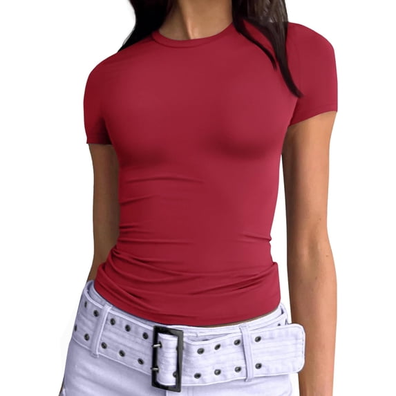 Womens Basic T-Shirts Scoop Neck Short Sleeve Crop Tops Cute Summer Tops Slim Fit Tees Clothing