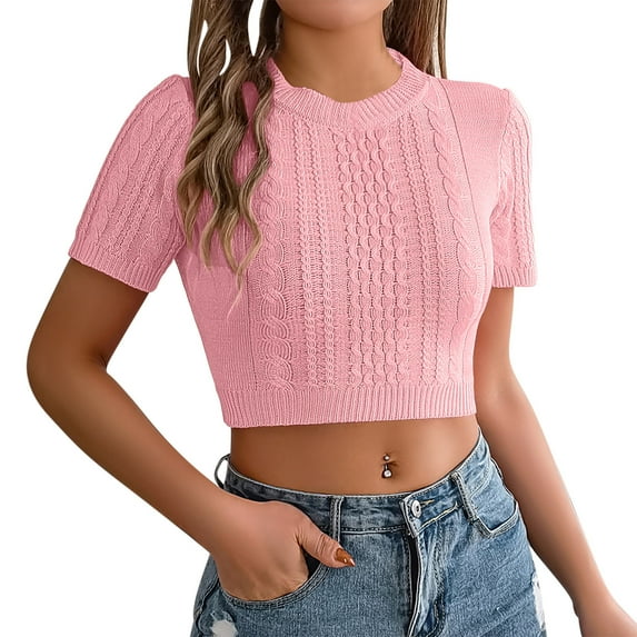 Womens Basic T-Shirts Scoop Neck Short Sleeve Crop Tops Cute Summer Tops Slim Fit Tees Y2k Clothing 2025 Pink S