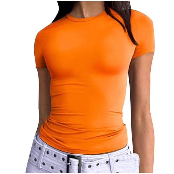 Womens Basic T Shirts Slim Fit Trendy Y2k Crop Tops Short Sleeve Crew Neck Going Out Workout Summer Clothes, Orange M