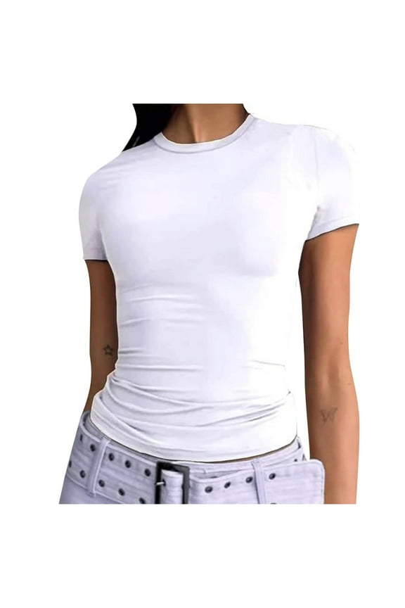 Womens Basic T Shirts Slim Fit Trendy Y2k Crop Tops Short Sleeve Crew Neck Going Out Workout Summer Clothes, White XL