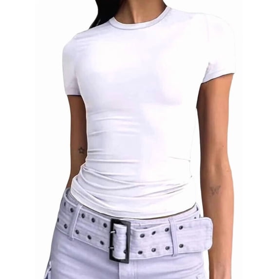 Womens Basic T Shirts Summer Short Sleeve Crewneck Slim Fit Cute Crop Pullovers White M