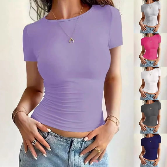 Womens Basic T Shirts Summer Tops Short Sleeve Tee Cute Slim Fit Solid Color Gym Workout Clothes Purple