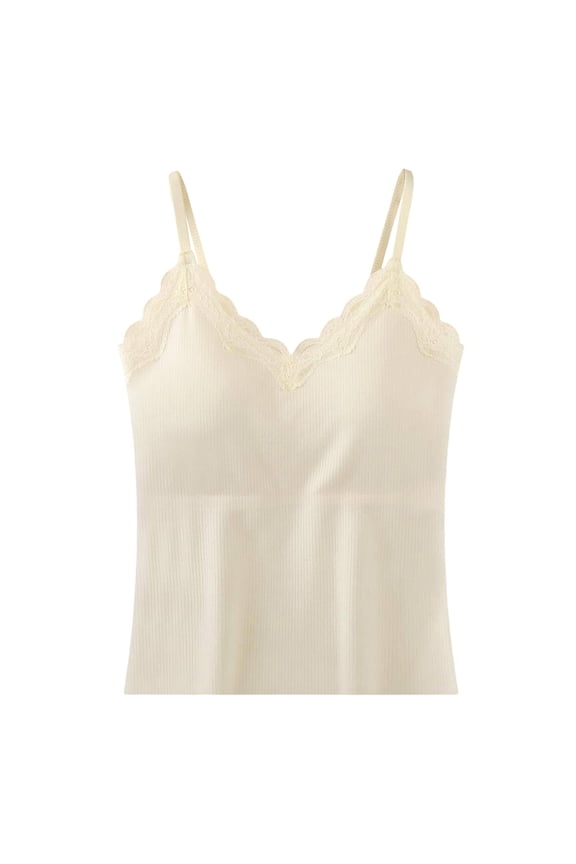 Womens Basic Tank Tops Built in Bra Spaghetti Strap Ribbed Camisoles Lace Trim Scalloped Crop Top( Beige, S )