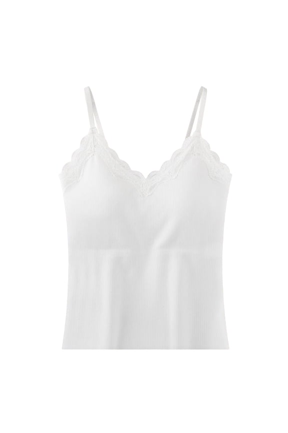 Womens Basic Tank Tops Built in Bra Spaghetti Strap Ribbed Camisoles Lace Trim Scalloped Crop Top( White, S )