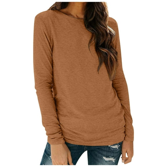 Womens Basic Tee Long Sleeve Crew Neck Fall Business Tunic Tops Solid Loose Fit Casual Beach Vacation Workout Shirt Trendy