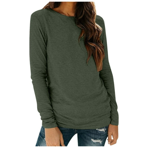 Womens Basic Tee Long Sleeve Crew Neck Fall Business Tunic Tops Solid Loose Fit Casual Beach Vacation Workout Shirt Trendy
