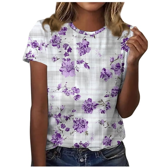 Womens Basic Tees Polyester Cotton Crewneck T-Shirts Floral Print Short Sleeve Casual Summer Tops (L, White)