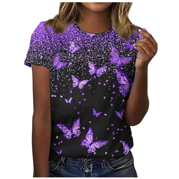 Womens Basic Tees Polyester Cotton Crewneck T-Shirts Floral Print Short Sleeve Casual Summer Tops (S, Purple 01)