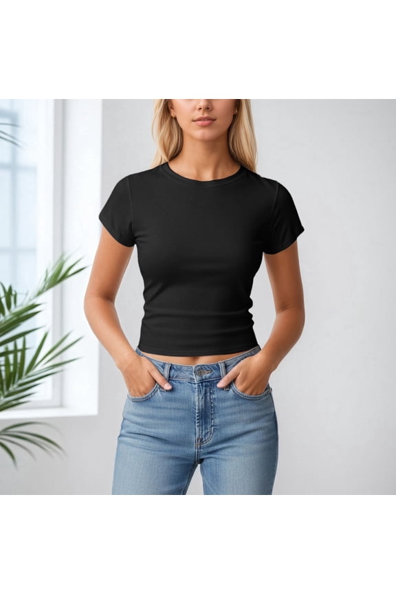 Womens Basic Tees Summer Short Sleeve Shirts Slim Fit Tight T Shirt Going Out Tops Trendy for Daily Wear And Layering(Black,M)