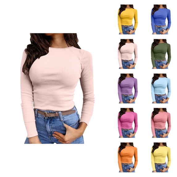 Womens Basic Tops Long Sleeve Stretch Crewneck Ribbed T Shirt Fitted Casual Ribbed Knit Bottoming Shirt for Layering and Spring Wear
